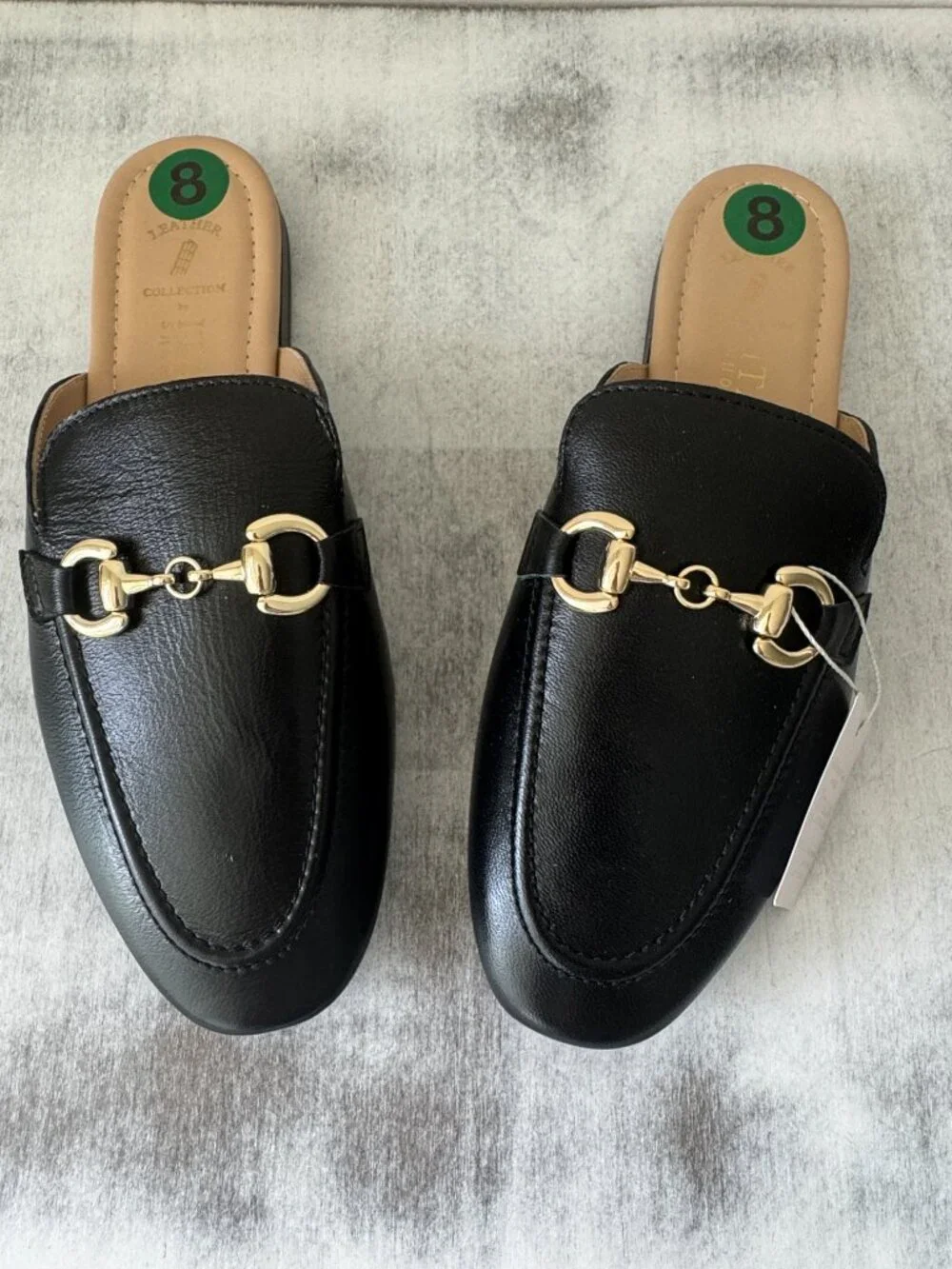 Black Leather Slide Mules with Gold Bit Accent Sz.8